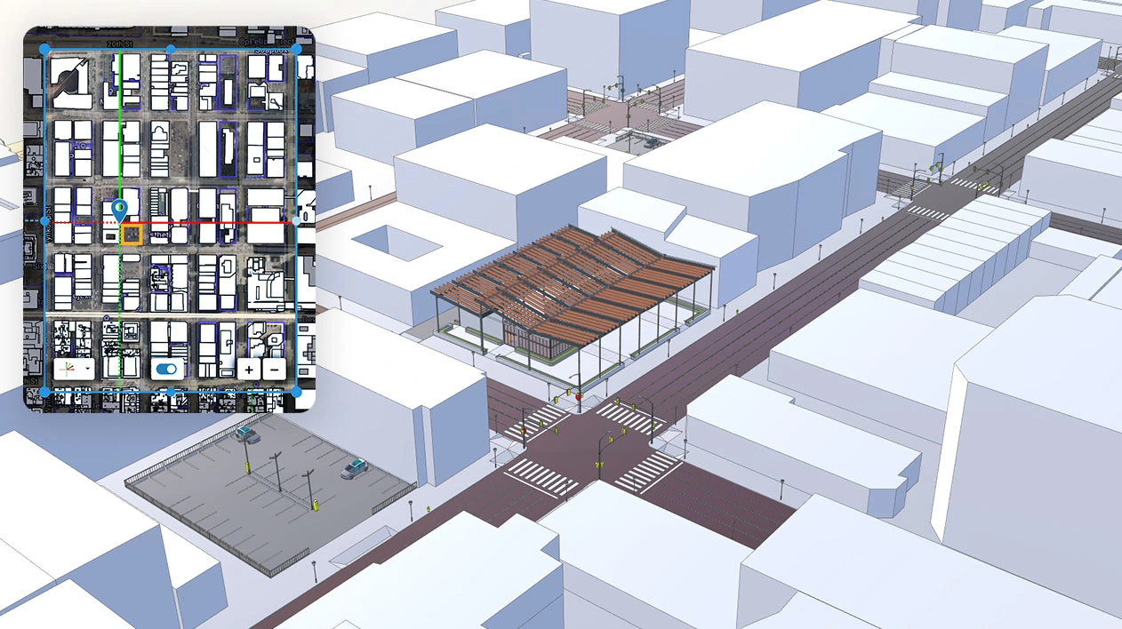 Model with 3D massing overlay of a city and with SketchUp location features window.