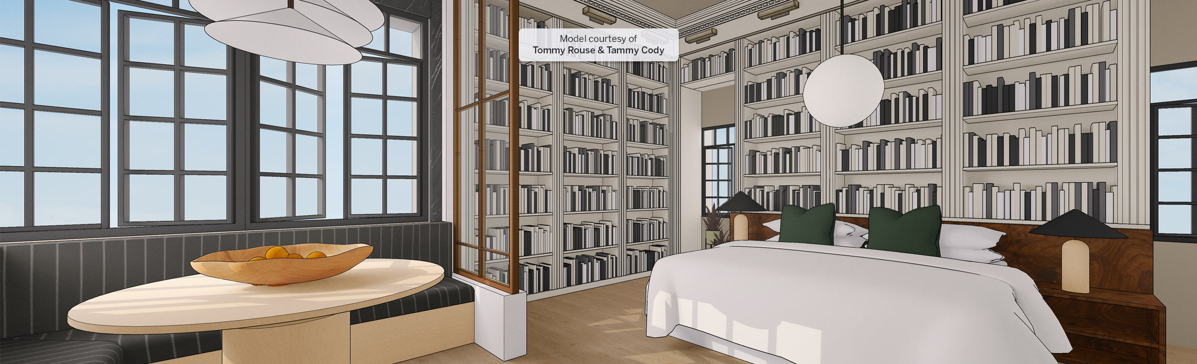 Render of an open living space with a bed in front of walls lined with bookshelves, and a dining table with large windows behind, created in SketchUp.