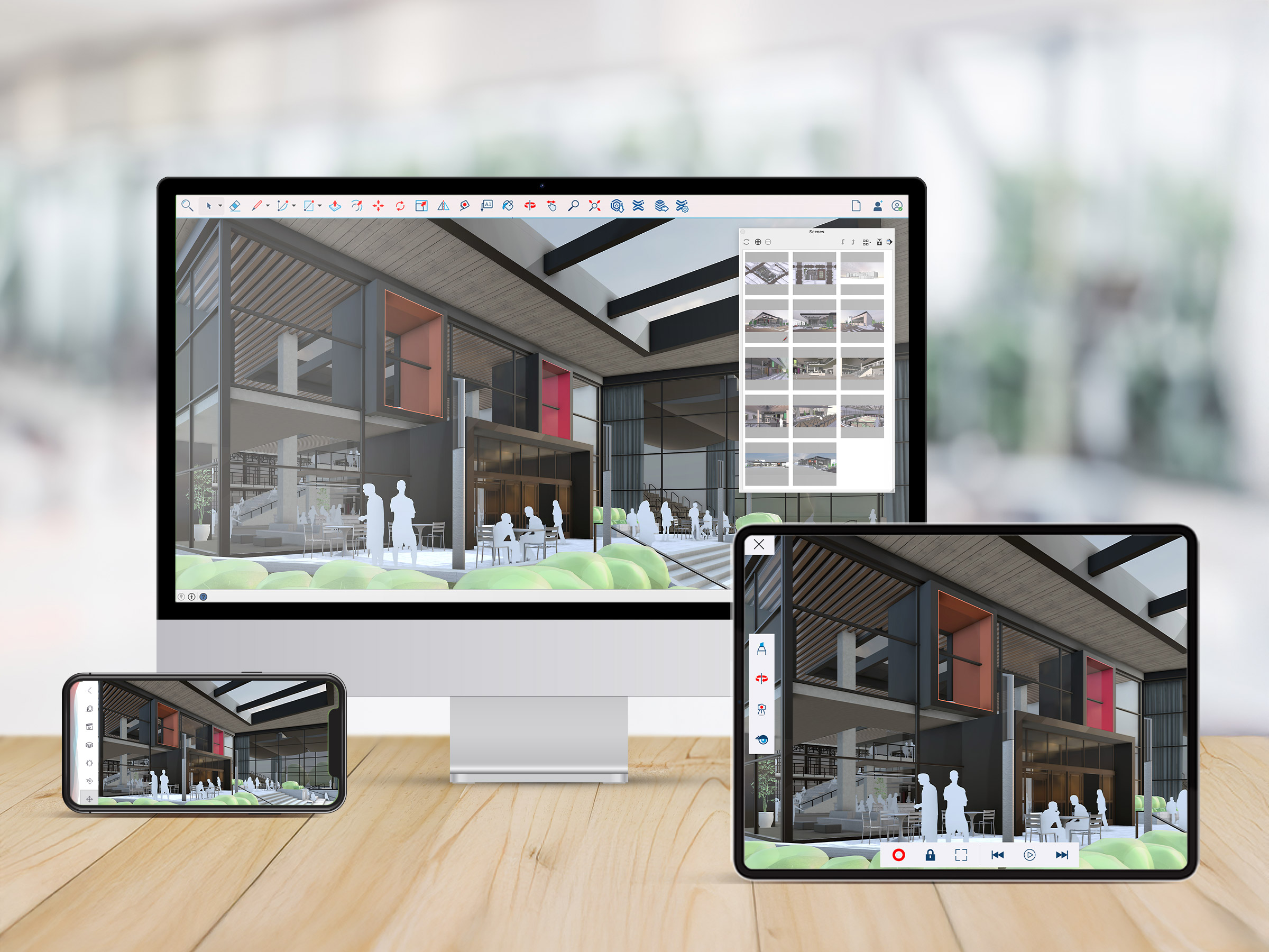 A 3D architectural model in Trimble SketchUp shown on a computer, tablet, and phone, highlighting seamless design across multiple devices.