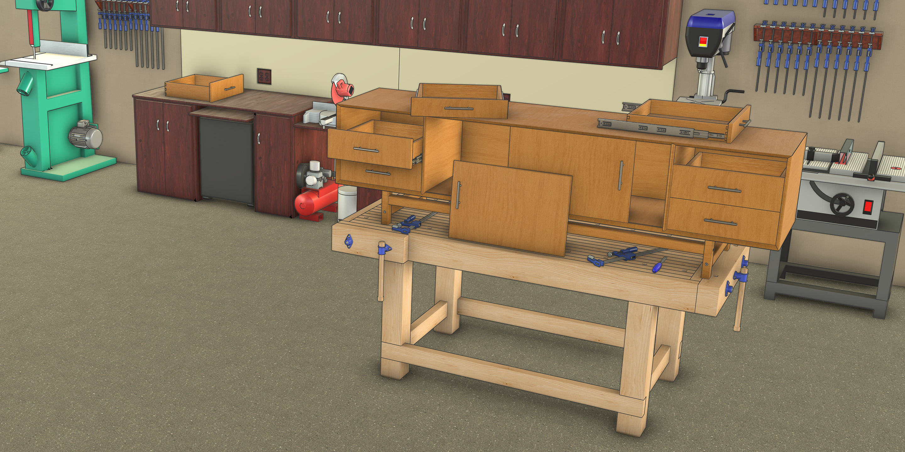 SketchUp model showing a woodworking shop with a workbench and dresser mid-build on display