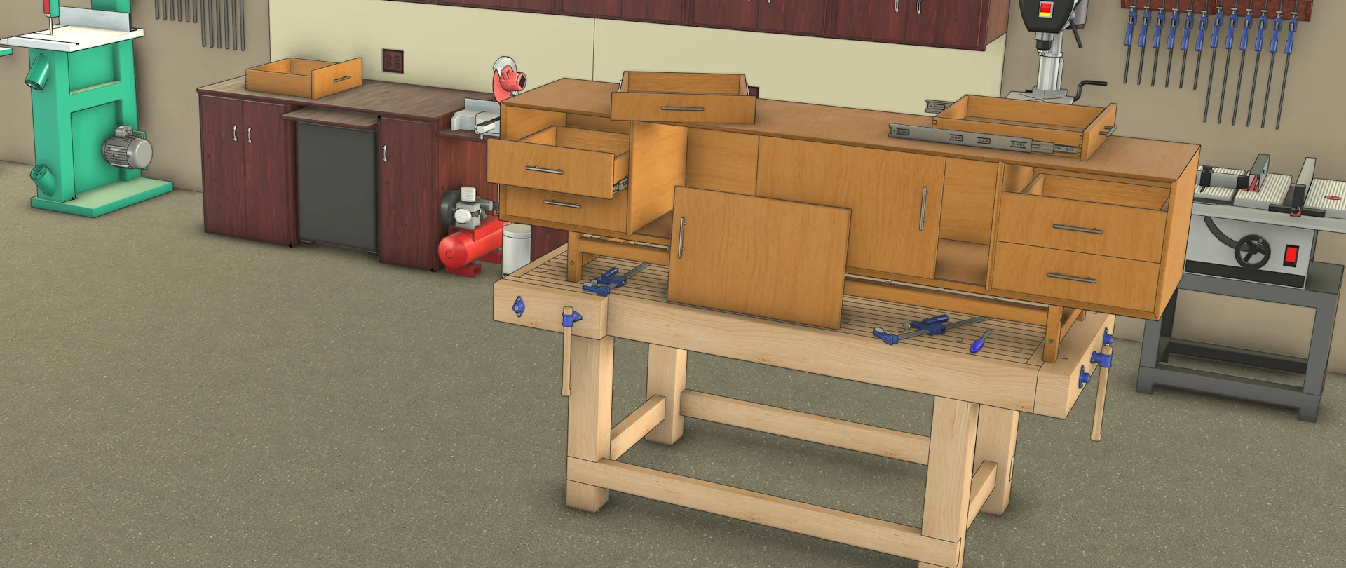 Modèle SketchUp montrant un atelier de menuiserie avec un établi et une commode en cours de construction