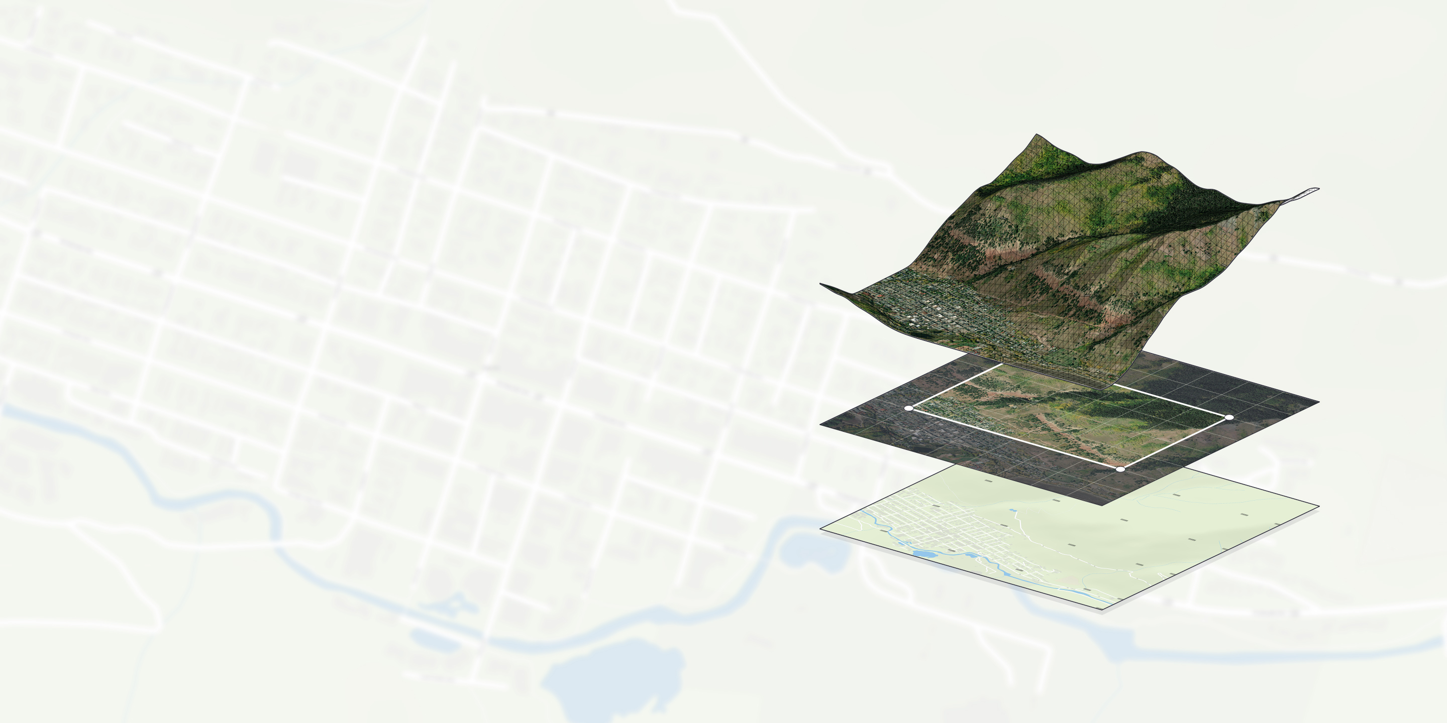A SketchUp Add Location visualization showing a 3D terrain mesh hovering above corresponding 2D aerial imagery and map data.