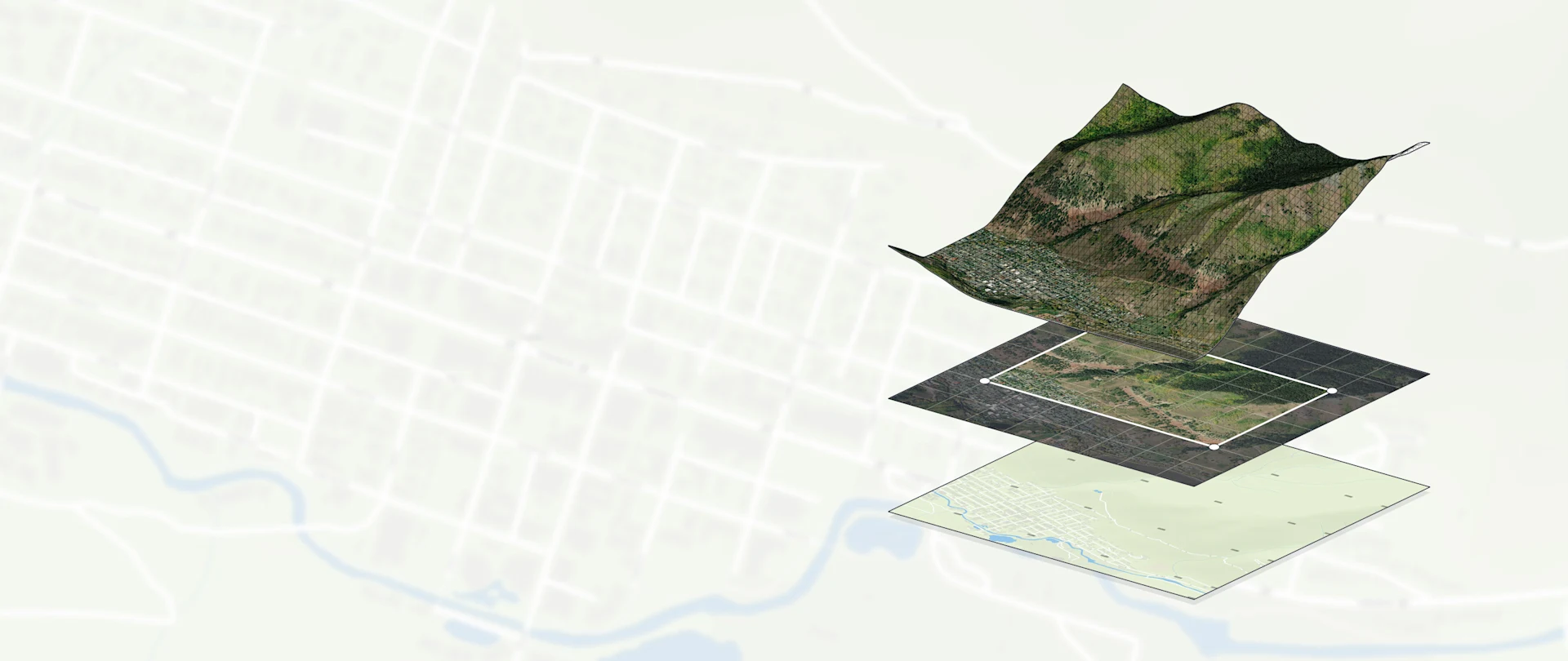 A SketchUp Add Location visualization showing a 3D terrain mesh hovering above corresponding 2D aerial imagery and map data.