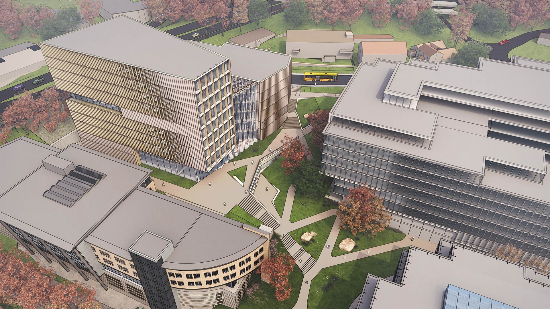 SketchUp render showing an aerial view of a commercial campus with several multi-story buildings.