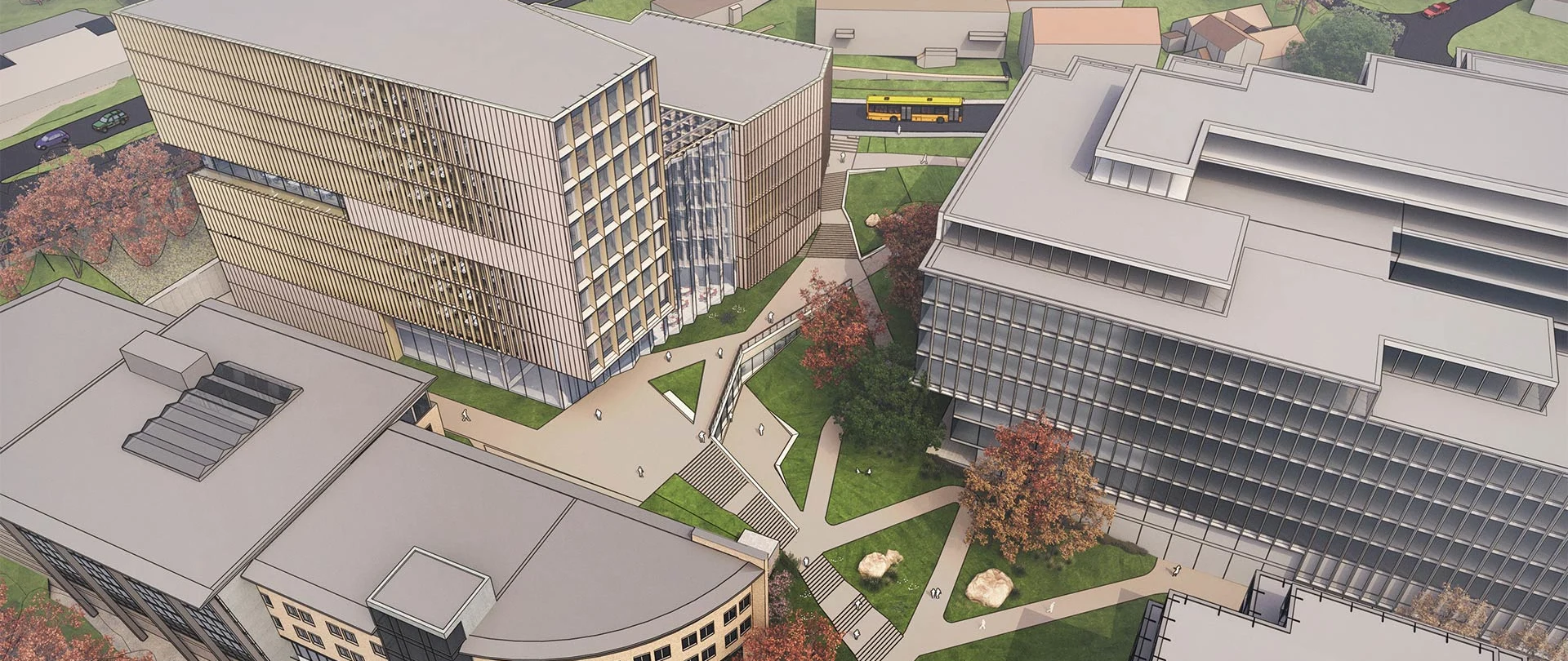 SketchUp-Rendering mit einer Luftaufnahme eines Gewerbekomplexes mit mehreren mehrstöckigen Gebäuden.