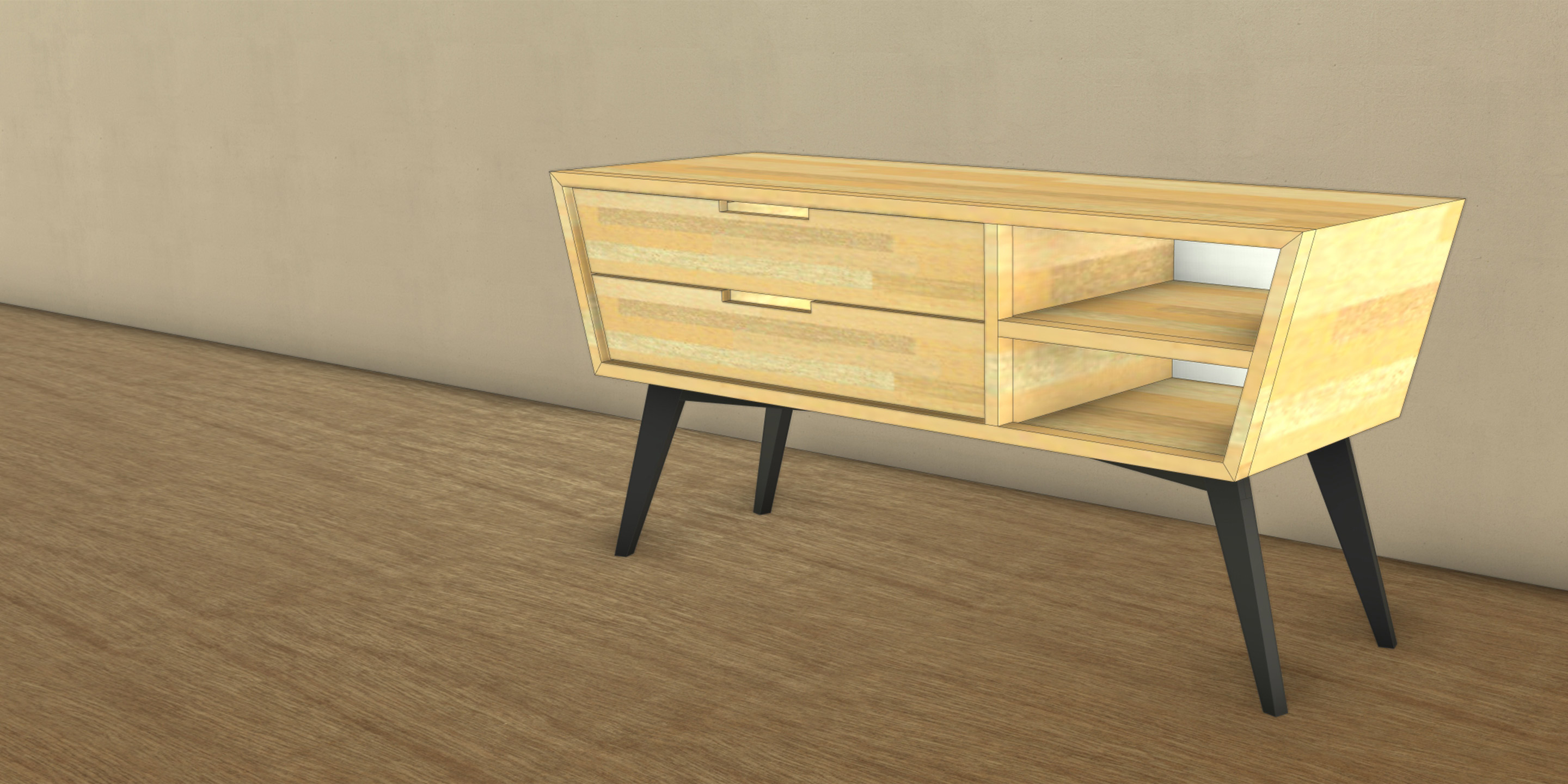 SketchUp model of a light-toned wood media table with dark legs.