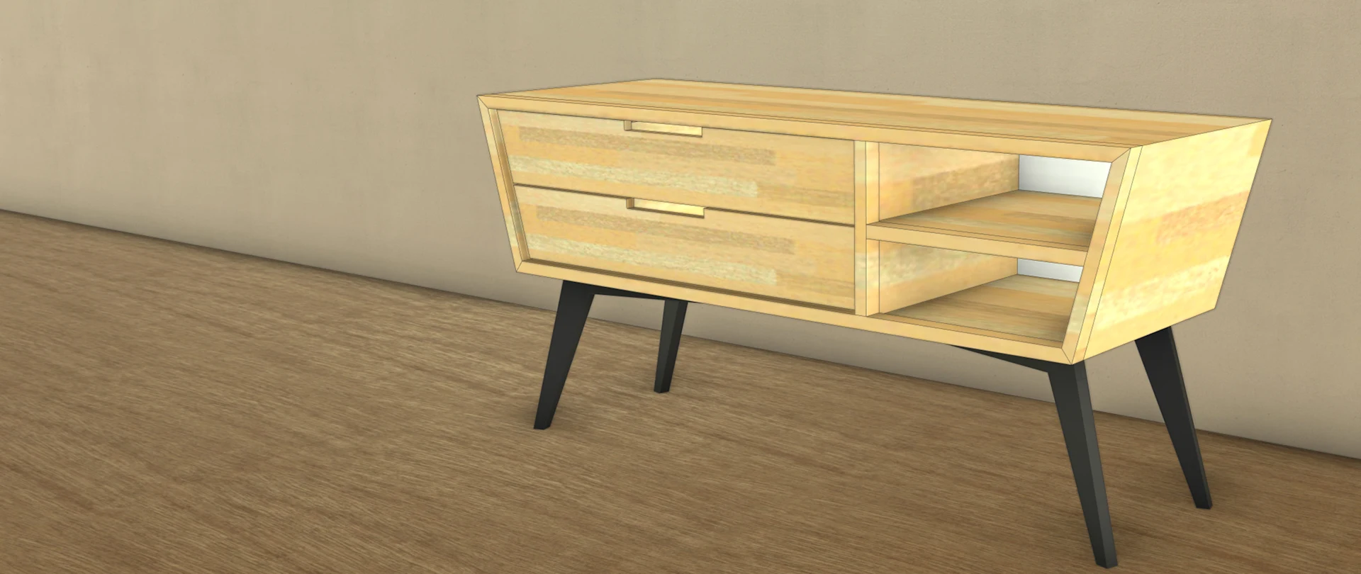 Modelo en SketchUp de una mesa para televisor de madera en tonos claros con patas oscuras.