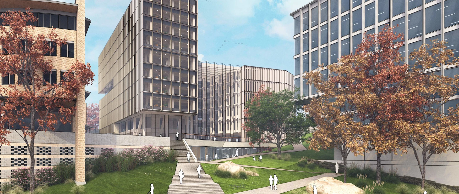 SketchUp model of a commercial campus with several multi-story buildings, landscaping, and scale figures throughout.