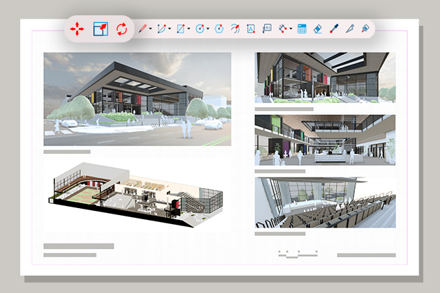 Renderizações da fachada de um edifício moderno com escadas e vegetação, e renderizações do interior mostrando um ambiente com ampla área de assentos.