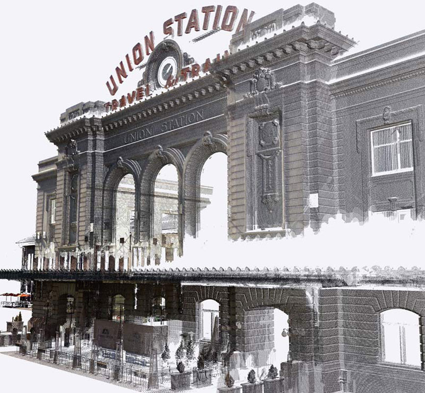 SketchUp-Modell der Fassade des Union-Station-Gebäudes in Denver, das mit Scan Essentials erstellt wurde.