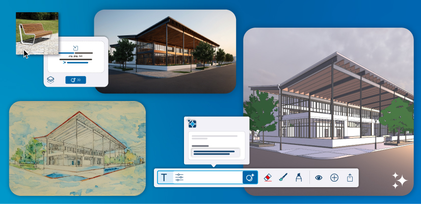 Interface do SketchUp AI Diffusion com um modelo 3D de edifício transformado em estilos como aquarela, fotorealista e esboço, a partir de uma barra de prompts de IA.