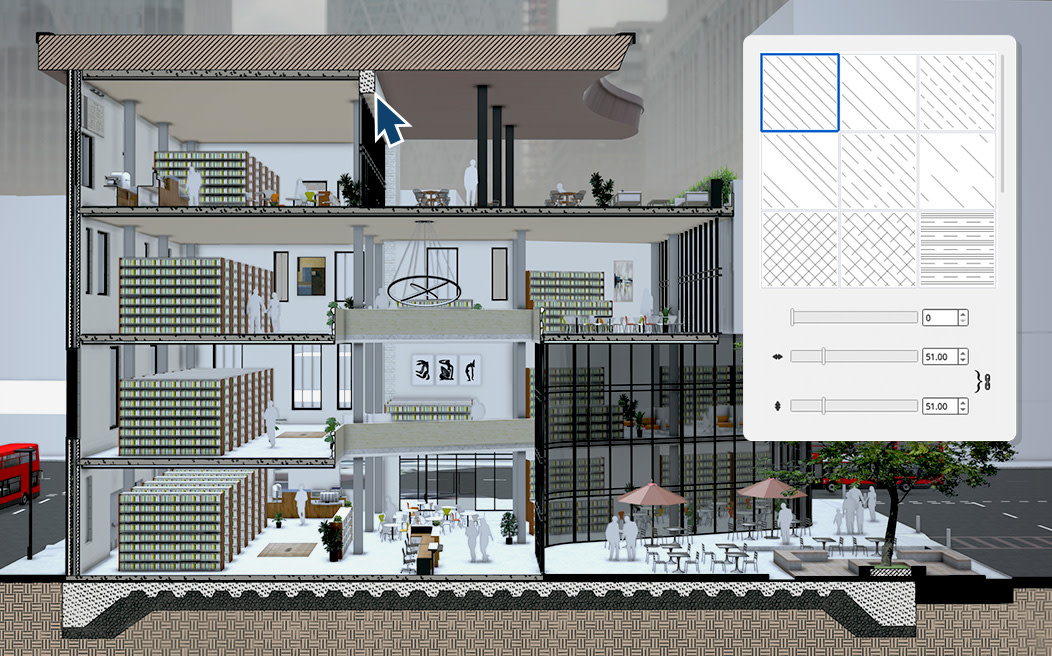  Section perspective of a multi-story building 3D architectural model next to a pattern and hatch fill control menu.