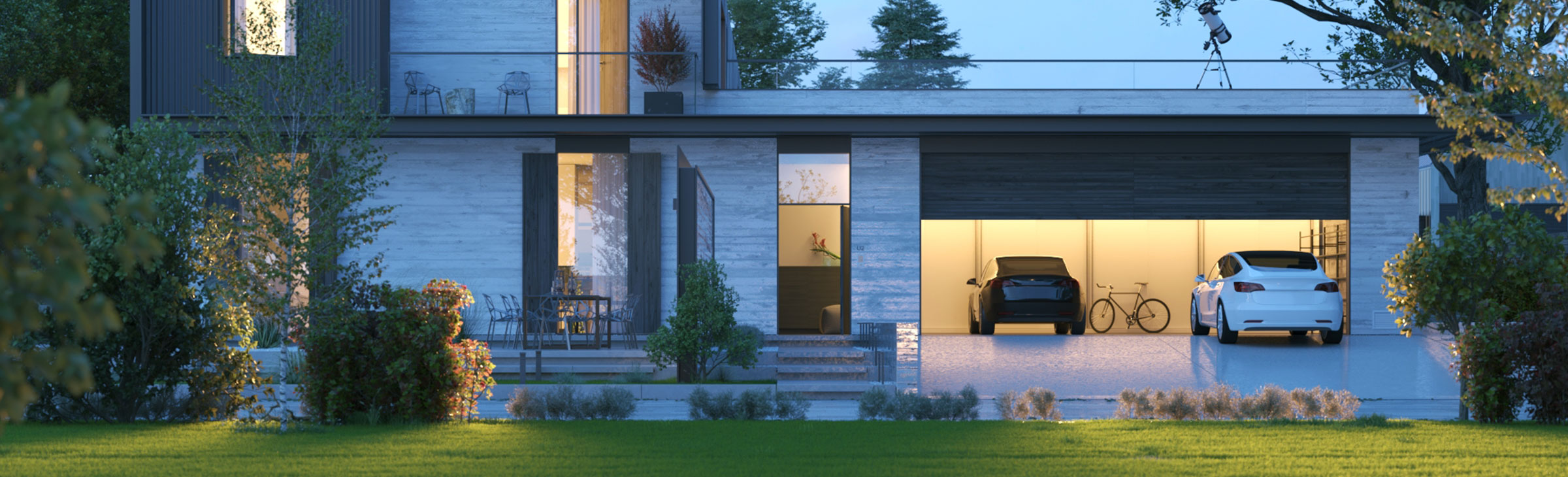 Renderizado de SketchUp Diffusion del exterior de una casa con el portón del garaje abierto, con dos automóviles y una bicicleta en el interior.