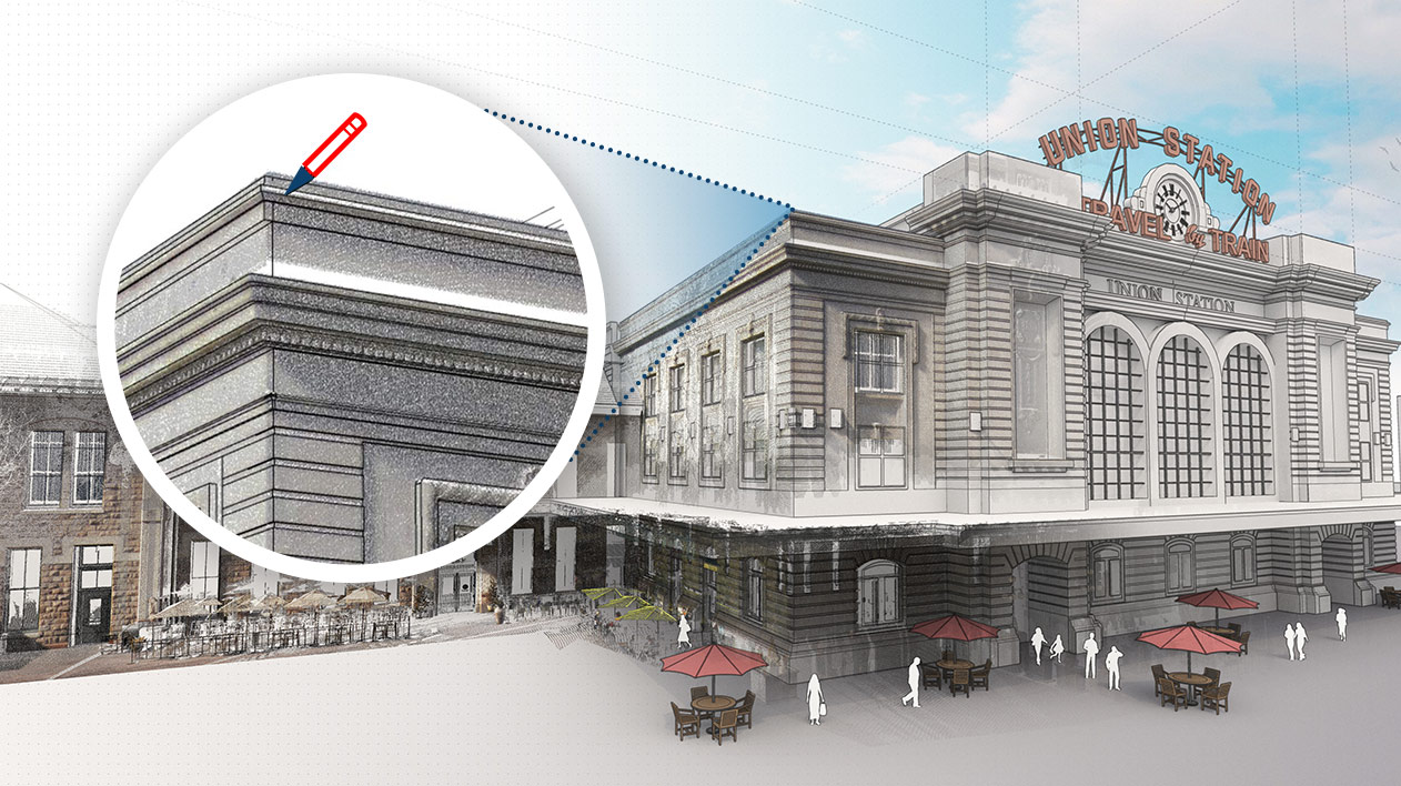 Modelo 3D detalhado da Union Station com uma janela circular ampliada mostrando uma ferramenta de lápis vermelho alinhando a geometria 3D a dados detalhados de nuvem de pontos.