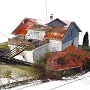 Point cloud scan of a residential exterior created using Trimble products.