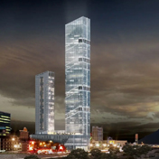 Renderização 3D de um arranha-céu de vidro ao entardecer, situado em um vale urbano próximo a um rio, com montanhas ao fundo.