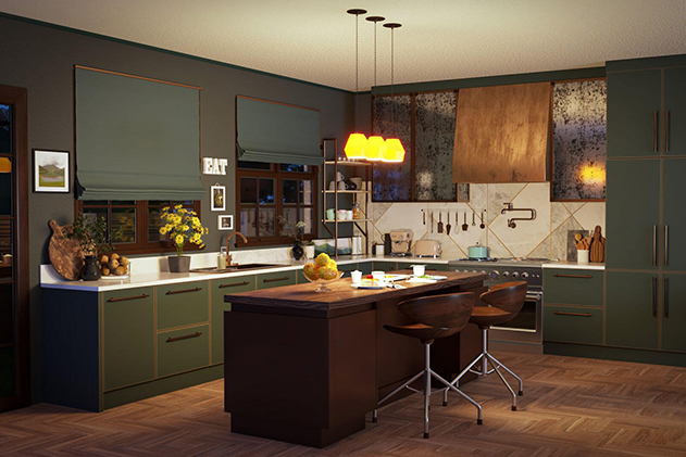 Photoreal SketchUp model of an interior residential kitchen space.