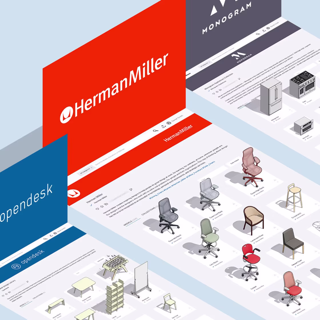 Ein Bildschirm zeigt reale Produkte in 3D Warehouse in Katalogform.