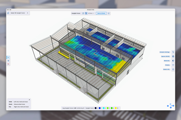 A gradient of greens and blues on the floor of a SketchUp model  showing illuminance levels in each room using daylight simulation in Analysis Hub.