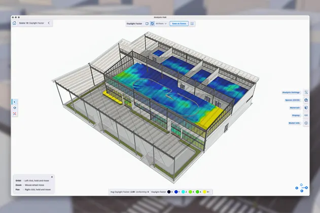 A gradient of greens and blues on the floor of a SketchUp model showing illuminance levels in each room using daylight simulation in Analysis Hub.