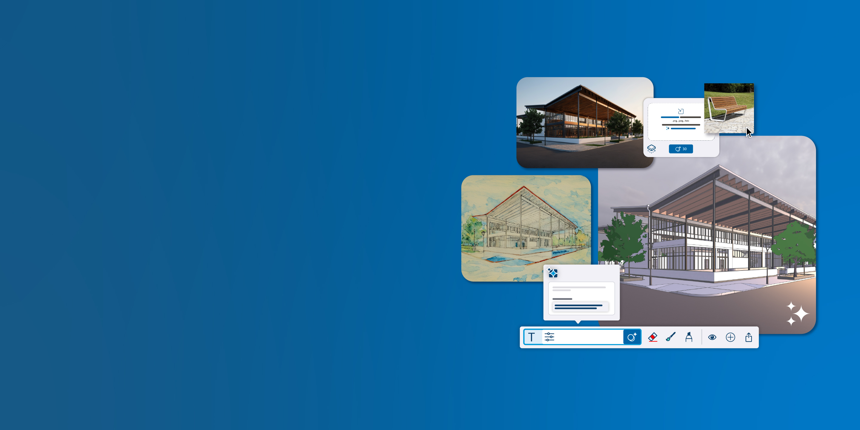 Exterior images of a building rendered with AI and representative UI of the SketchUp interface.