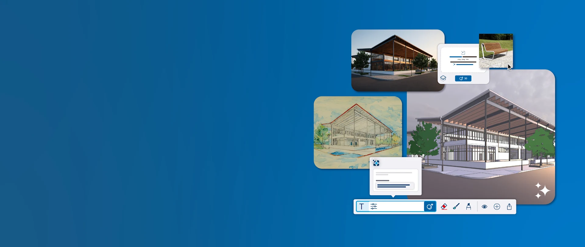 Exterior images of a building rendered with AI and representative UI of the SketchUp interface.