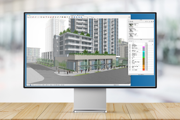 Un modelo en SketchUp de un edificio de gran altura con balcones, jardines en la azotea y vegetación exterior.