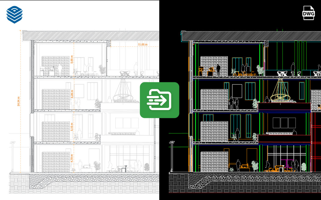 Architectural section diagram of a building alongside its CAD DWG file representation.