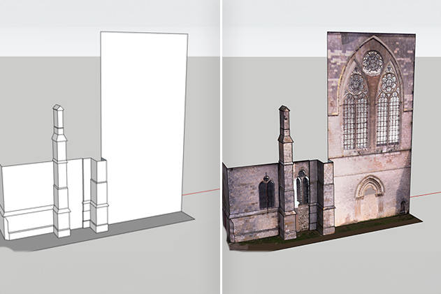 Side-by-side of a church facade model. Showing a basic model and a model with the new Texture Projection feature.