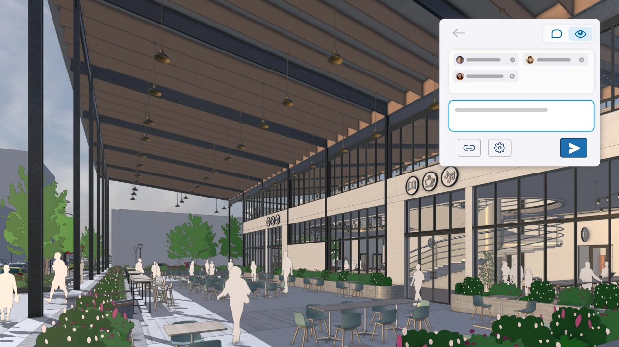 Building facade with multiple glass doors and windows overlayed with SketchUp collaboration features toolbar