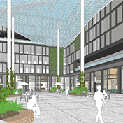 Rendering in SketchUp of a commercial office building and surrounding courtyard.