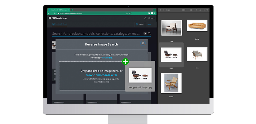  Computer screen showing 3D Warehouse image search with multiple lounge-chair 3D model results appearing