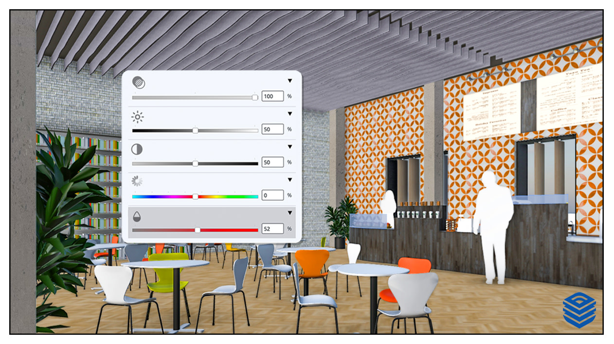 3D interior rendering of a modern library cafe space, overlaid with a LayOut adjustment dialog box displaying image adjustment slider controls.