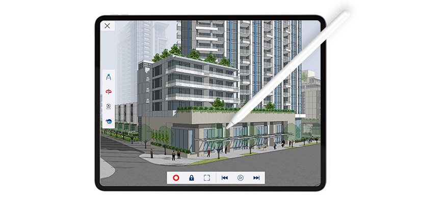 Interface do SketchUp para iPad com um Apple Pencil para navegar em um modelo arquitetônico 3D de um edifício residencial em um ambiente urbano.