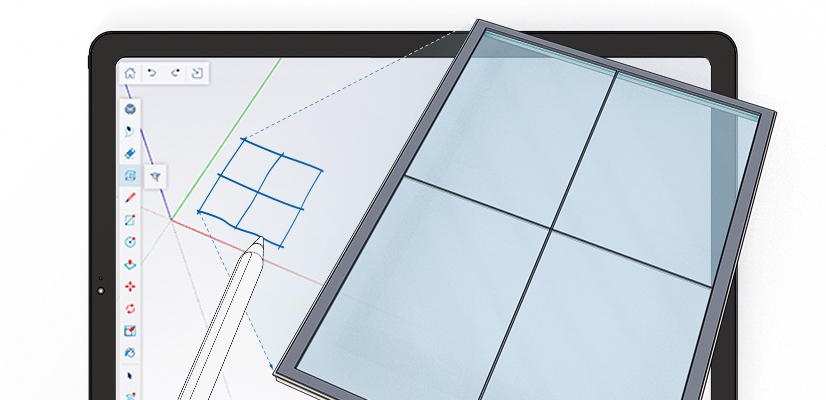 Sketch of a window on SketchUp for iPad being projected as a 3D model coming out of the iPad.