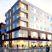  SketchUp render of an exterior apartment complex on a city street with people walking around in front of it.