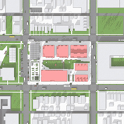 Vogelperspektive eines SketchUp-Modells, das viele Gebäude und Straßen zeigt.