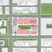 Bird’s eye view of a SketchUp model showing many buildings and roads.