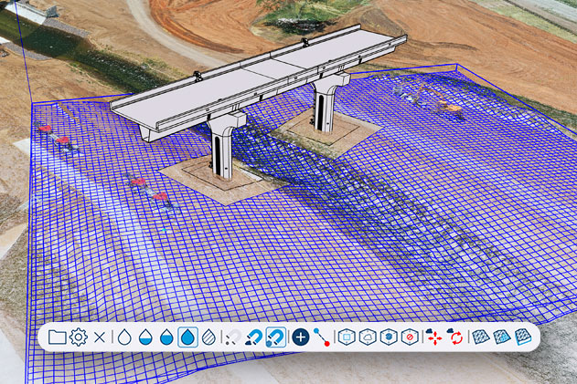 Modelo 3D de ponte no SketchUp integrado a uma malha topográfica azul e a dados fotorrealistas de nuvem de pontos, com a barra de ferramentas do Scan Essentials abaixo.