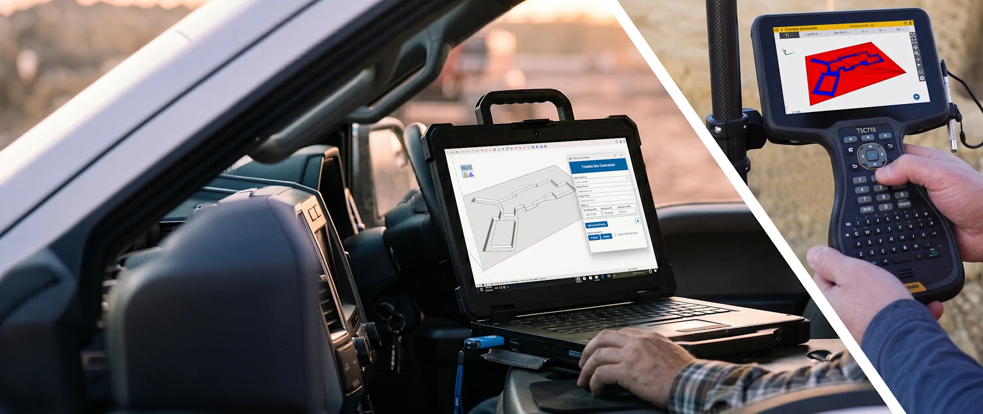 Laptop in a truck cab on a worksite displays a 3D foundation model in Pro Civil Contractor; an extension that supports existing conditions modeling.