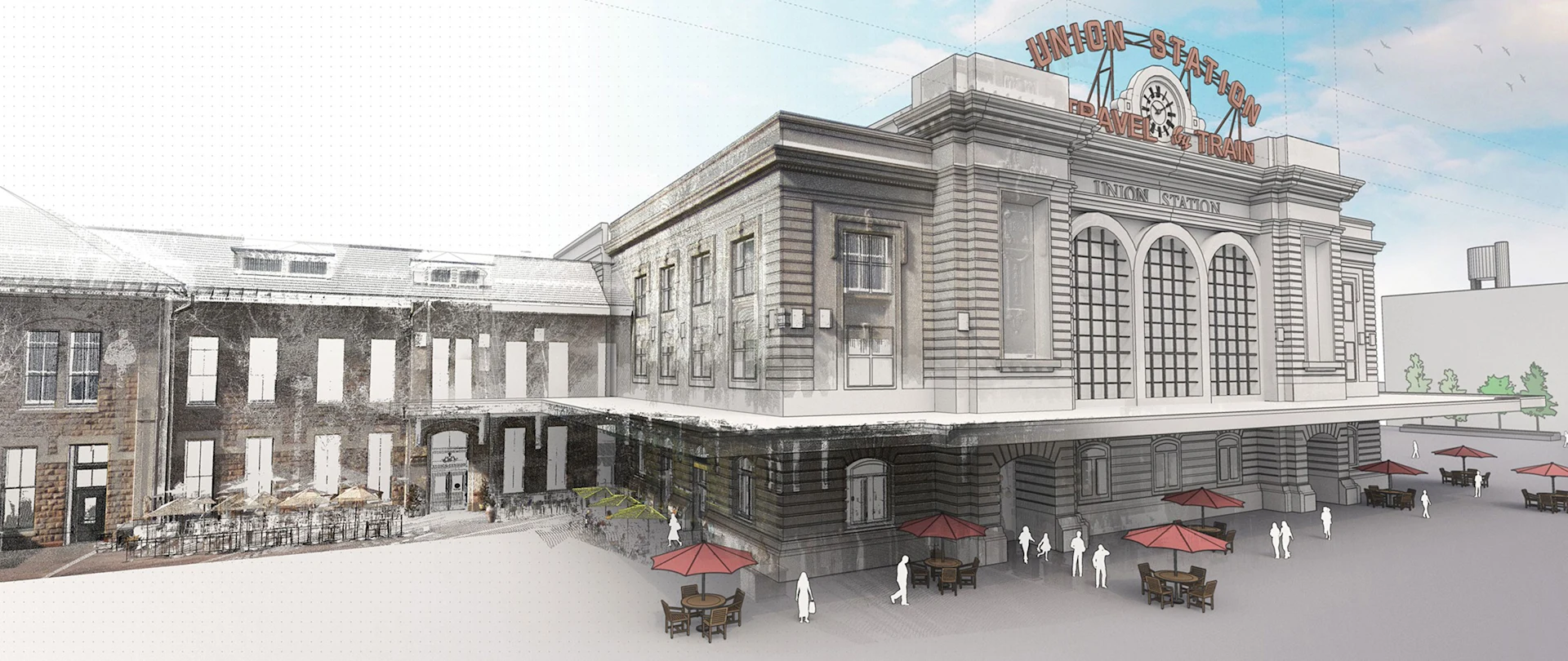 コロラド州デンバーのユニオン ステーション駅を SketchUp でレンダリングした画像。