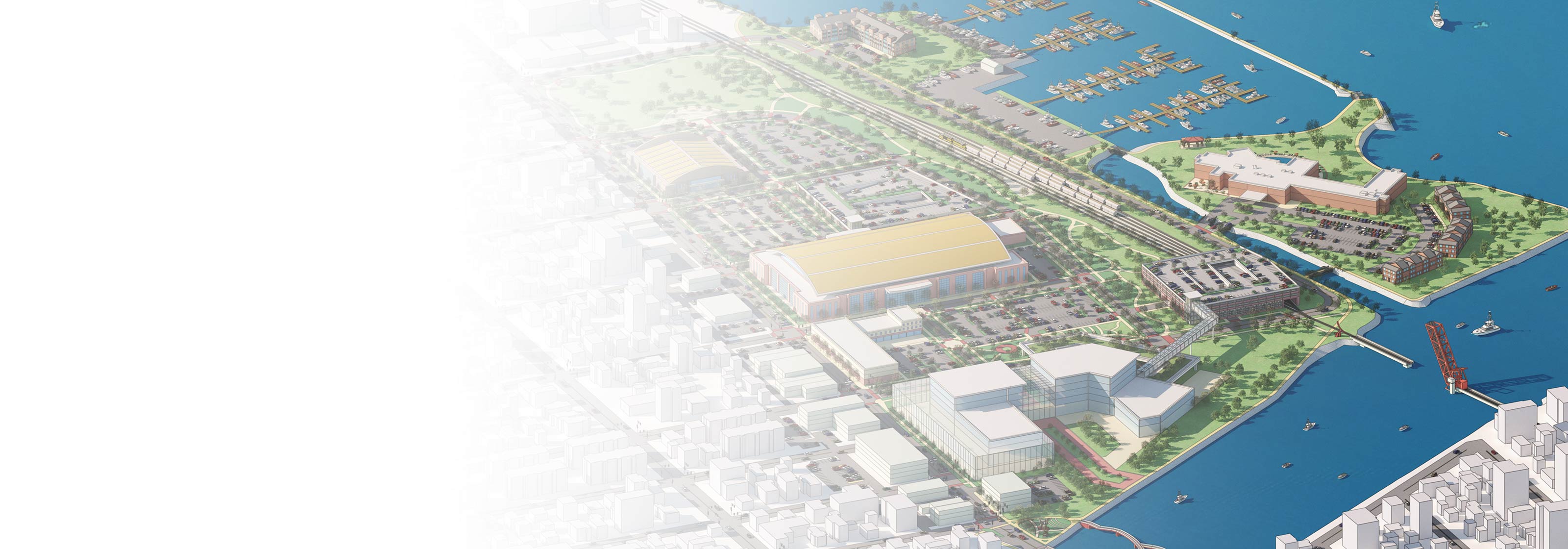 An aerial architectural rendering of a waterfront city featuring a large stadium, marina with boats, and buildings connected by bridges over a river.