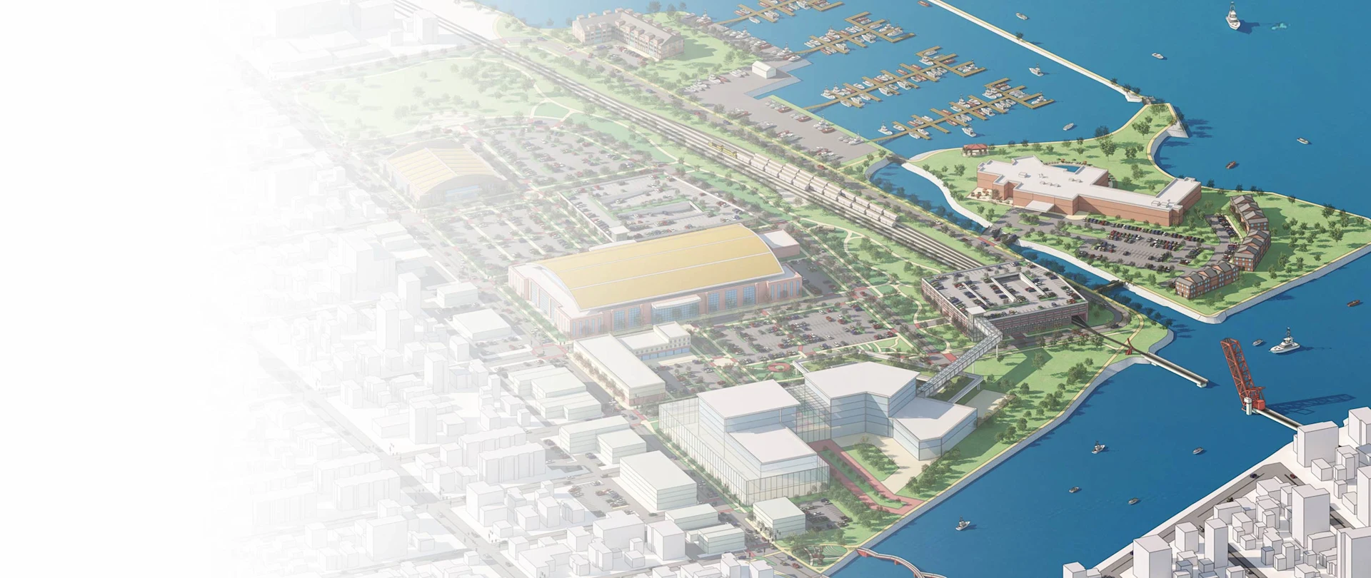 An aerial architectural rendering of a waterfront city featuring a large stadium, marina with boats, and buildings connected by bridges over a river.