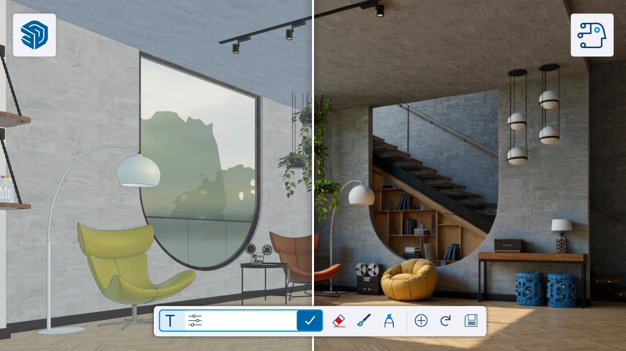 Image with two views of the interior of a building, one rendered with Diffusion.