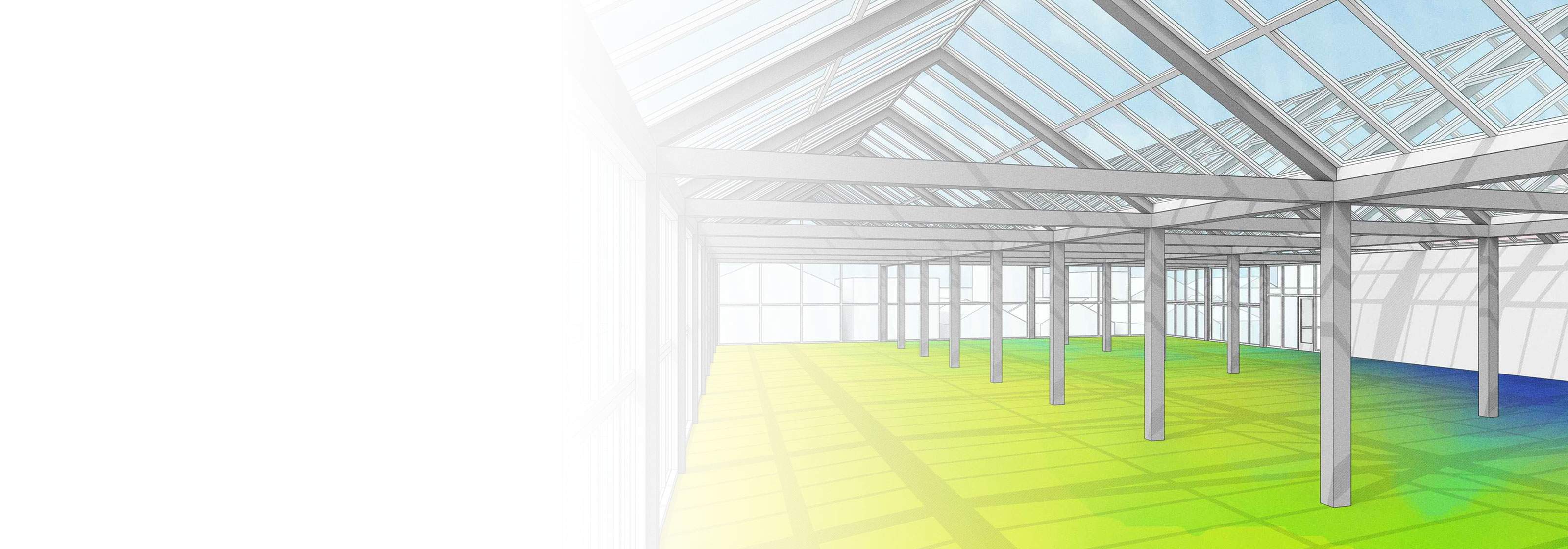 Interior of 3D building with pillars and glass ceiling showing energy usage