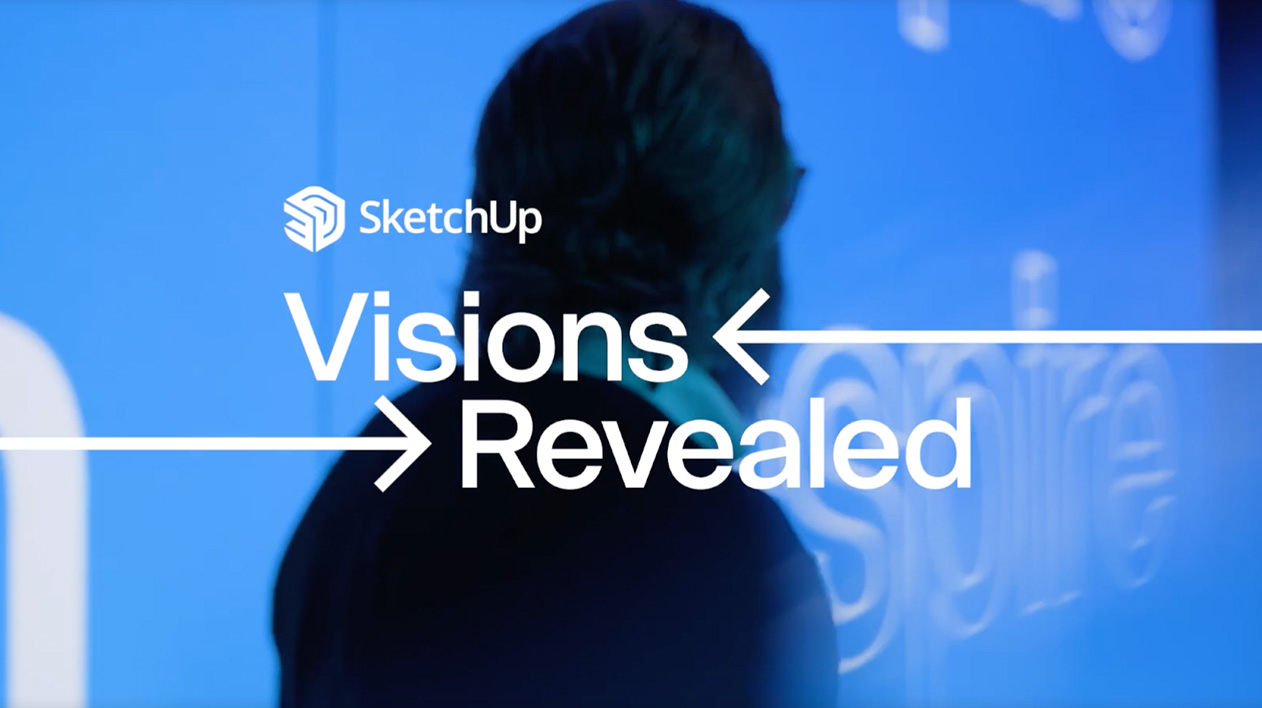 Silhouette d'une personne avec le logo SketchUp et des flèches blanches pointant vers les mots "Visions Revealed"