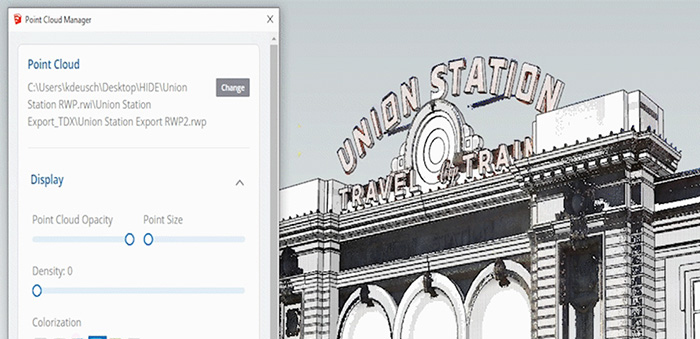 SketchUp model of Denver’s Union Station with the Point Cloud Manager window open on the left side of the screen.