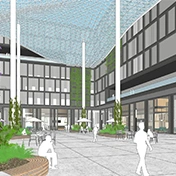 Визуализация коммерческого офисного здания и окружающего двора в SketchUp