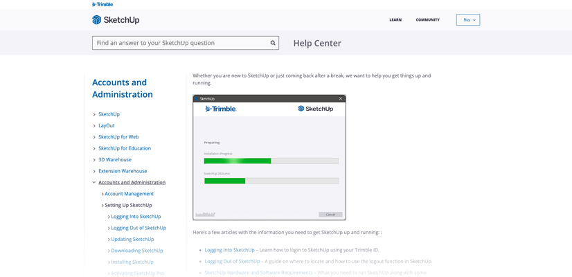 SketchUp Help Center page showing "Accounts and Administration" links and an installation window.