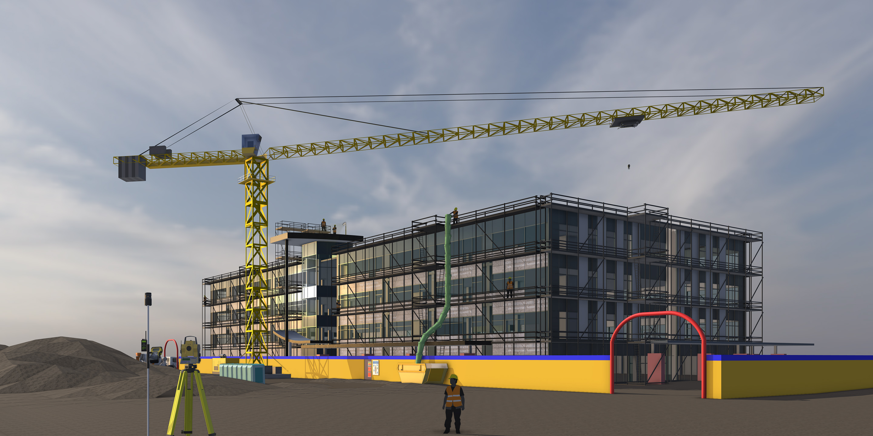 SketchUp-Modell, das ein detailliertes Seitenprofil eines im Bau befindlichen Gewerbegebäudes mit einem Kran zeigt.